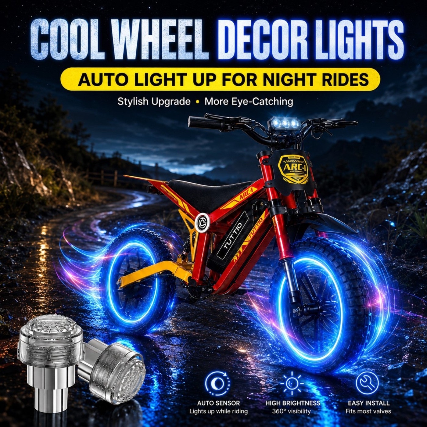 Tuttio Ebike Led Flash Bike Tire Wheel Valve Cap Light (2Pack)