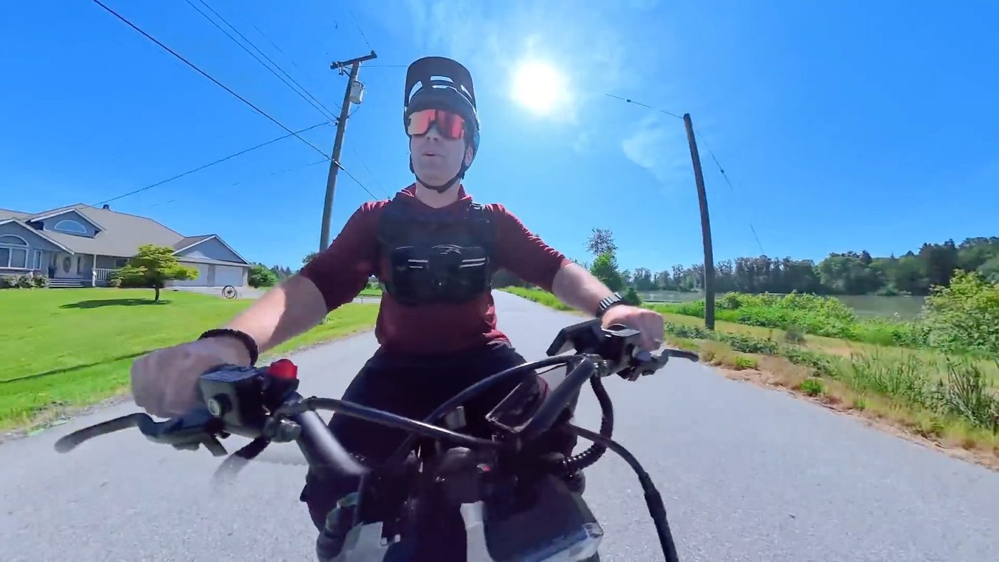 Chest-cam view riding the Heybike Villain on open road