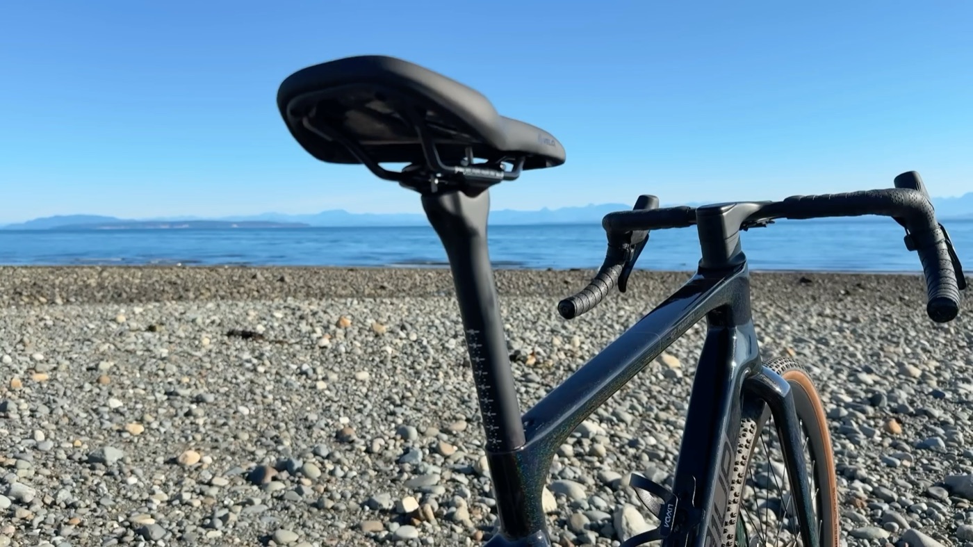CF Racer1 saddle and seatpost with the ocean behind