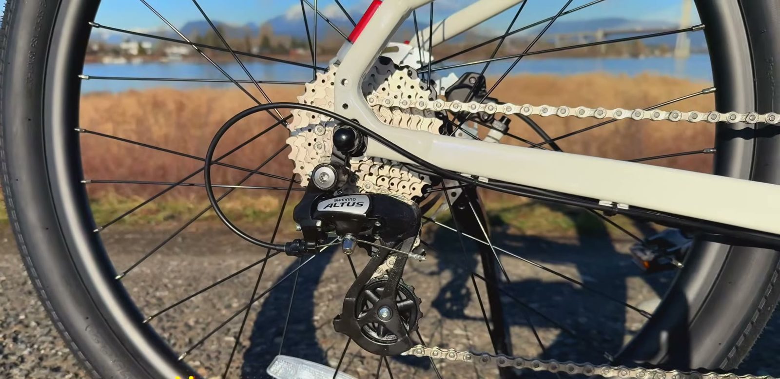 Close-up of the Shimano Altus rear derailleur and cassette on the Breeze 1