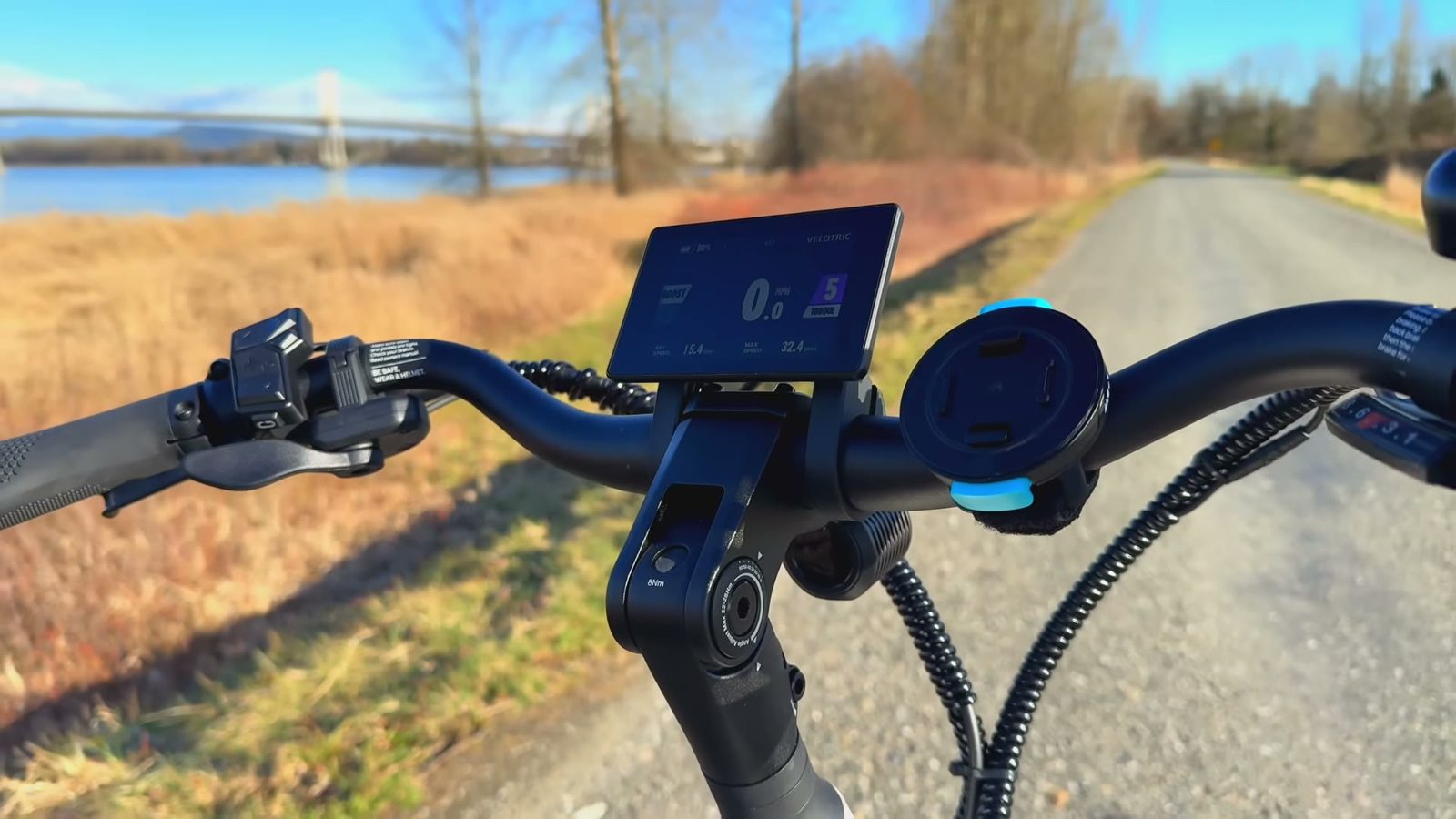Close-up of the Velotric 3.5 inch color display on the Breeze 1 handlebar